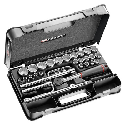 Facom 30-Piece Metric 1/2 in Standard Socket Set with Ratchet, 12 point