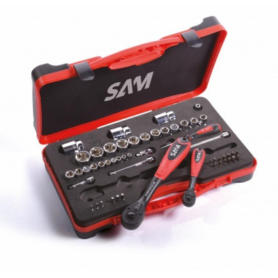 SAM 52-Piece Metric 1/2 in; 1/4 in Standard Socket/Bit Set with Ratchet, 6 point; Phillips Bit; Pozidriv Bit; Slotted