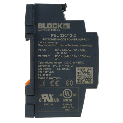 Block PEL 230 Switch Mode DIN Rail Panel Mount Power Supply 85 → 264V ac Input Voltage, 12V dc Output Voltage,