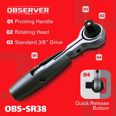 Observer Tools OBS-SR38 3/8 in Square Ratchet with Rotator Handle, 125 mm Overall