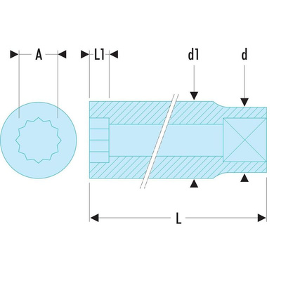 Facom 1/4 in Drive 12mm Standard Socket, 12 point, 22 mm Overall Length
