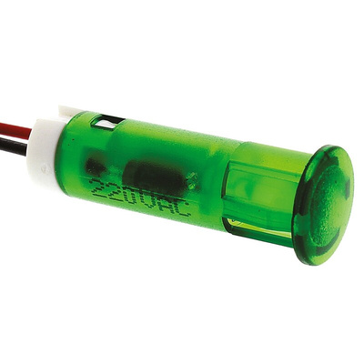 Apem Green Panel Mount Indicator, 220V ac, 8mm Mounting Hole Size, Lead Wires Termination