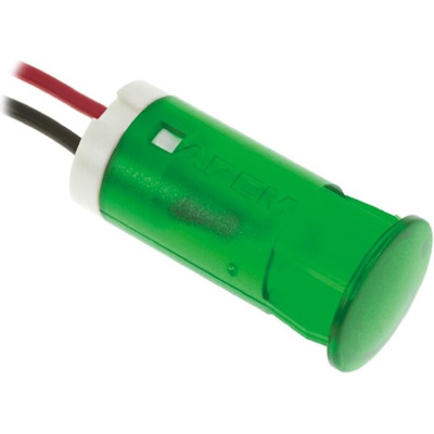 Apem Green Panel Mount Indicator, 12V dc, 12mm Mounting Hole Size, Lead Wires Termination