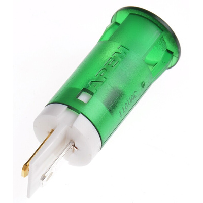 Apem Green Panel Mount Indicator, 110V ac, 12mm Mounting Hole Size, Faston, Solder Lug Termination