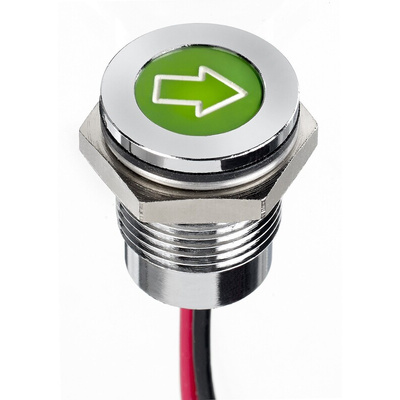 APEM Green Panel Mount Indicator, 12V dc, 14mm Mounting Hole Size, Lead Wires Termination, IP67