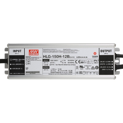 MEAN WELL LED Driver, 12V Output, 150W Output, 12.5A Output, Constant Voltage Dimmable