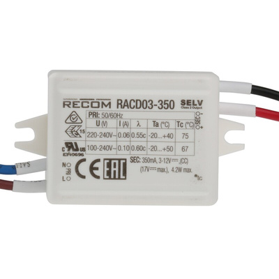 Recom LED Driver, 3 → 15V dc Output, 3W Output, 350mA Output, Constant Current / Constant Voltage