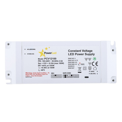 PowerLED LED Driver, 12V Output, 100W Output, 8.33A Output, Constant Voltage