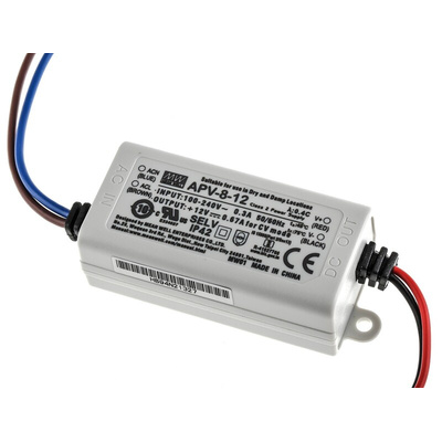 MEAN WELL LED Driver, 12V Output, 8W Output, 0 → 670mA Output, Constant Voltage