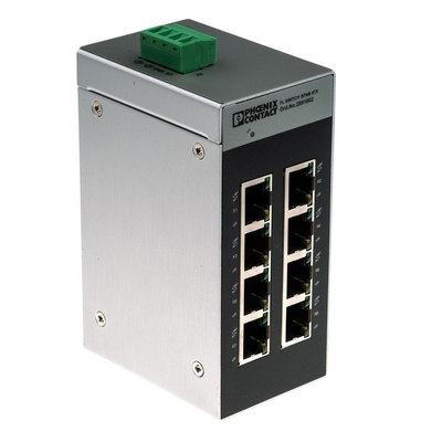 Phoenix Contact Ethernet Switch, 8 RJ45 port, 24V dc, 100Mbit/s Transmission Speed, DIN Rail Mount FL SWITCH SFNB 8TX