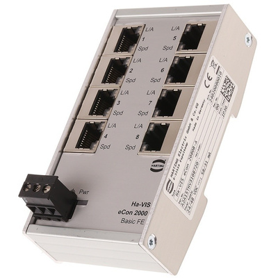 Harting Ethernet Switch, 8 RJ45 port, 24V dc, 10 Mbit/s, 100 Mbit/s Transmission Speed, DIN Rail Mount