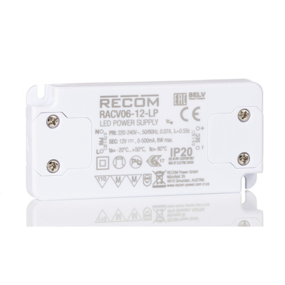 Recom LED Driver, 12V dc Output, 6W Output, 500mA Output, Constant Voltage