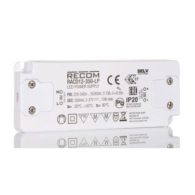 Recom LED Driver, 2 → 37V dc Output, 13W Output, 350mA Output, Constant Current