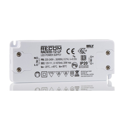 Recom LED Driver, 12V dc Output, 20W Output, 1.67A Output, Constant Voltage
