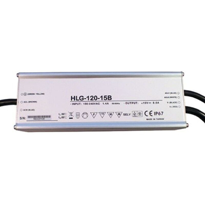 MEAN WELL LED Driver, 15V Output, 120W Output, 8A Output, Constant Current Dimmable