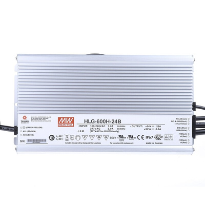 MEAN WELL LED Driver, 12 → 24V Output, 600W Output, 25A Output, Constant Voltage Dimmable