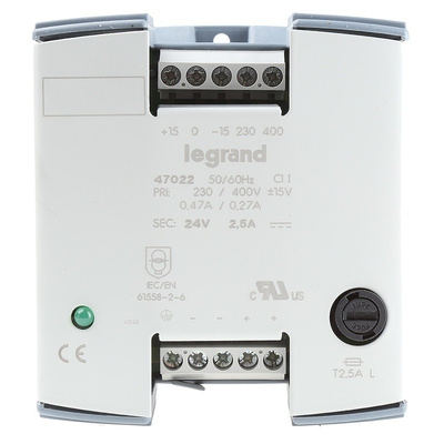 Legrand Linear DIN Rail Panel Mount Power Supply 24V dc Output Voltage, 2.5A Output Current, 60W