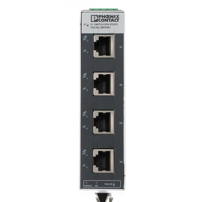 Phoenix Contact Ethernet Switch, 4 RJ45 port, 24V dc, 100Mbit/s Transmission Speed, DIN Rail Mount FL SWITCH SFN 4TX/FX