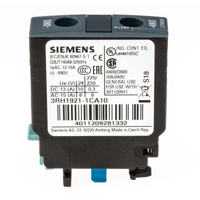 Siemens Auxiliary Contact, 1 Contact, 1NO, Snap-On, Sirius Classic