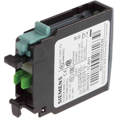 Siemens Auxiliary Contact, 1 Contact, 1NC, Snap-On, Sirius Classic