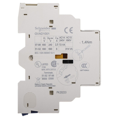 Schneider Electric Auxiliary Contact, 2 Contact, 1NC + 1NO, Side Mount