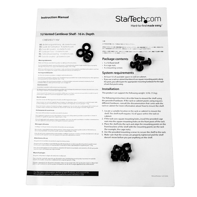 Startech Black Shelf, 1U, 20kg Load, 441mm x 401mm
