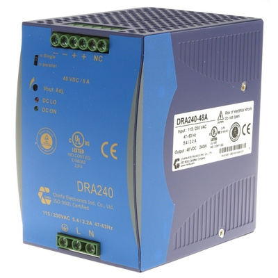 Chinfa DRA240 Switch Mode DIN Rail Panel Mount Power Supply 90 → 264V ac Input Voltage, 48V dc Output Voltage,