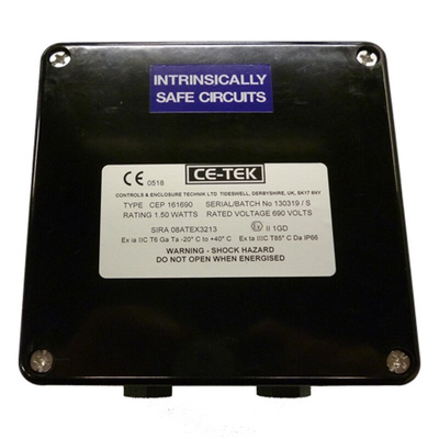 CE-TEK CEP Series Black Polyester Junction Box, IP66, 15 Terminals, ATEX, 160 x 160 x 90mm