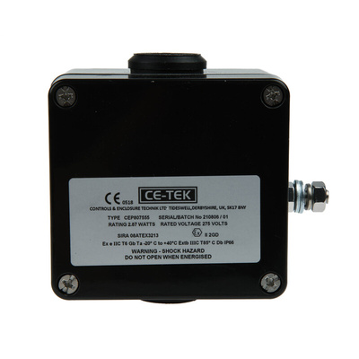 CE-TEK CEP Series Black Polyester Junction Box, IP66, 5 Terminals, ATEX, 80 x 75 x 55mm