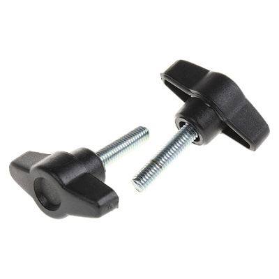 RS PRO Black Wing Clamping Knob, M6, Threaded Stud