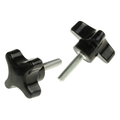 RS PRO Black 4-Arm Clamping Knob, M6, Threaded Stud