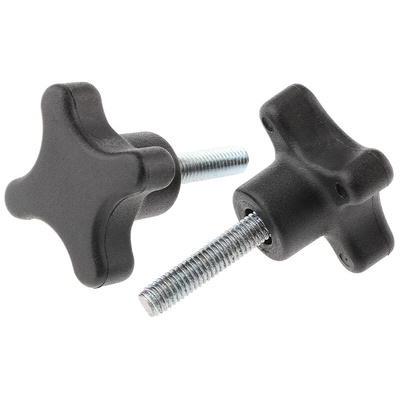 RS PRO Black 4-Arm Clamping Knob, M6, Threaded Stud