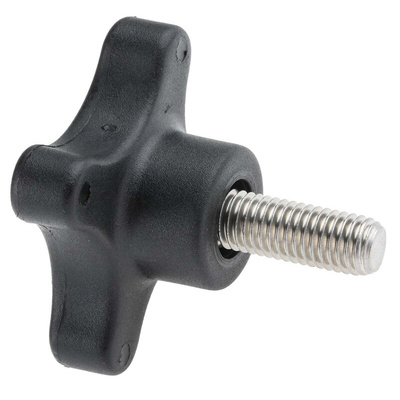 RS PRO Black 4-Arm Clamping Knob, M10, Threaded Stud