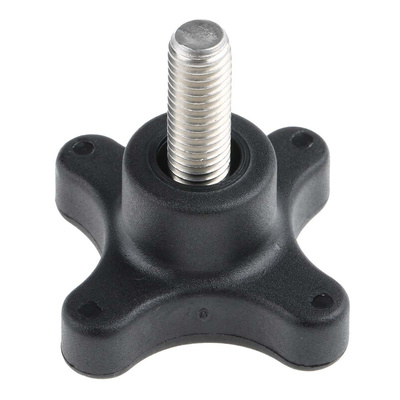 RS PRO Black 4-Arm Clamping Knob, M10, Threaded Stud