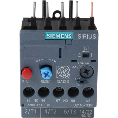 Siemens 3RU Overload Relay 1NO + 1NC, 1.8 → 2.5 A F.L.C, 2.5 A Contact Rating, 0.75 kW, 3P, SIRIUS Innovation