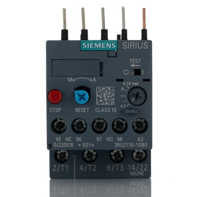 Siemens 3RU Overload Relay 1NO + 1NC, 4.5 → 6.3 A F.L.C, 6.3 A Contact Rating, 2.2 kW, 3P, SIRIUS Innovation