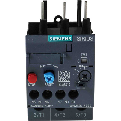 Siemens 3RU Overload Relay 1NO + 1NC, 14 → 20 A F.L.C, 20 A Contact Rating, 7.5 kW, 3P, SIRIUS Innovation