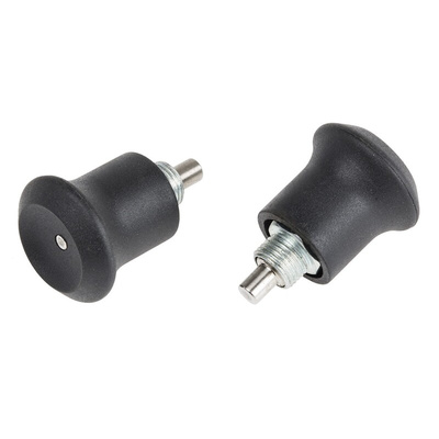 RS PRO 30mm Matt, Zinc Plated Stainless Steel (Spring, Body, Pin), Thermoplastic (Knob) Index Index Bolt, M8 x 0.75