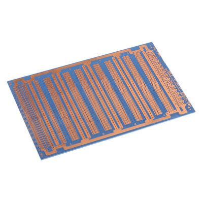10-1042, Double Sided Eurocard PCB FR2 With 53 x 5 1.02mm Holes, 2.54 x 2.54mm Pitch, 100 x 160 x 1.6mm