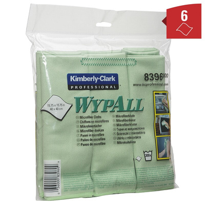 Kimberly Clark Wypall Green Cloths for Glass and Mirror Cleaning, Dry Use, Bag of 6, 400 x 400mm, Repeat Use