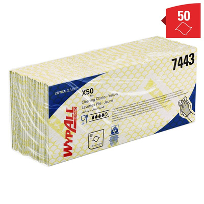 Kimberly Clark WypAll Yellow Cloths for General Cleaning, Dry Use, Pack of 50, 416 x 245mm, Repeat Use