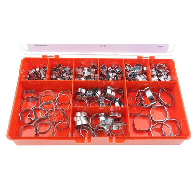 RS PRO 200 Piece Zinc Plated Steel O Clip Hose Clip Kit, 5 → 7mm and 23 → 27mm Inside Diameter