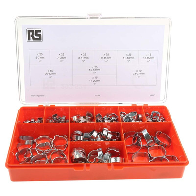 RS PRO 200 Piece Zinc Plated Steel O Clip Hose Clip Kit, 5 → 7mm and 23 → 27mm Inside Diameter
