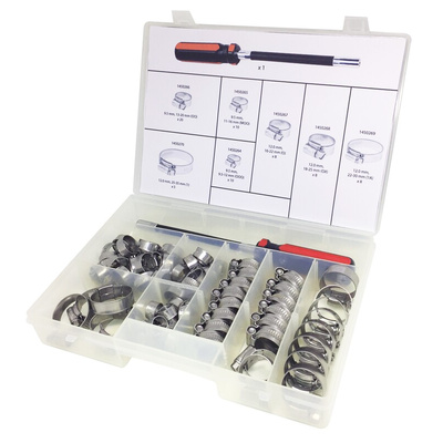 RS PRO 70 Piece Stainless Steel 304 Worm Drive Hose Clip Kit, 9.5 → 12mm and 25 → 35mm Inside Diameter
