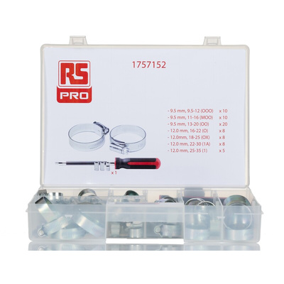 RS PRO 70 Piece Mild Steel Worm Drive Hose Clip Kit, 9.5 → 12mm and 25 → 35mm Inside Diameter