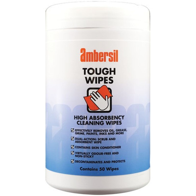 Ambersil TOUGH WIPES Wet Hand Wipes, Tub of 50