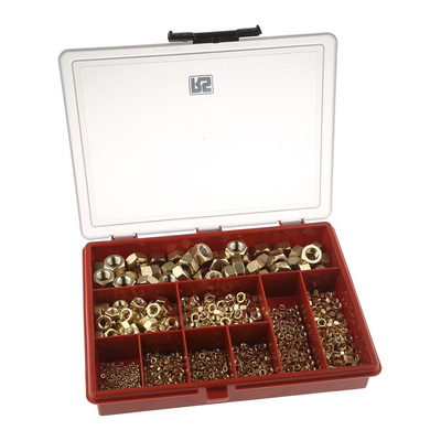 RS PRO Brass Hex Full Nuts Box, 1070 Pieces