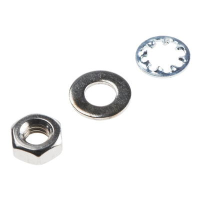 RS PRO Brass, Steel Hex Full Nut and Washers with Internal Tooth, Plain, 300 Pieces