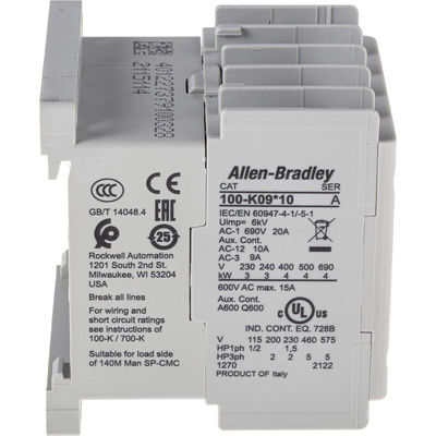 Allen Bradley 100K Series Contactor, 24 V dc Coil, 3-Pole, 9 A, 4 kW, 3NO, 690 V ac