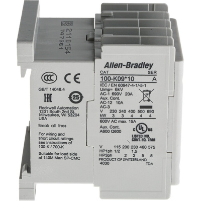 Allen Bradley 100K Series Contactor, 230 V ac Coil, 3-Pole, 9 A, 4 kW, 3NO, 690 V ac